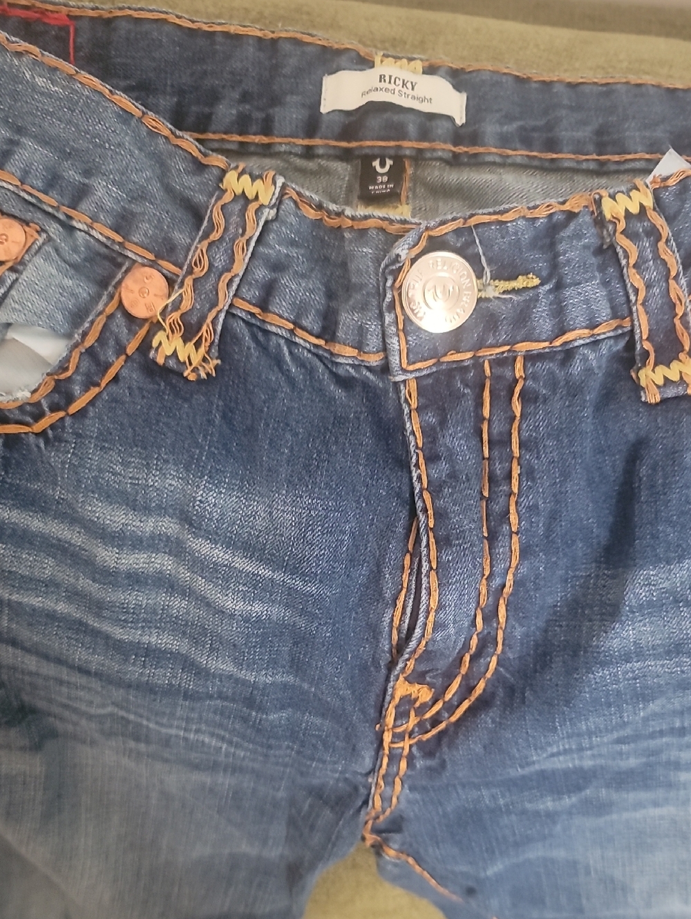 True Religion Men’s Blue Jeans with Orange Contrast Stitching